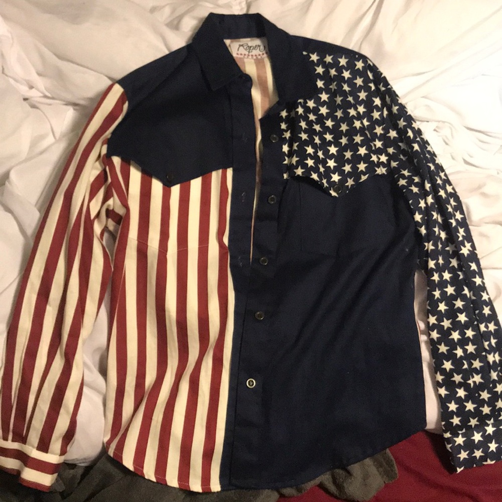 Button down American flag roper shirt